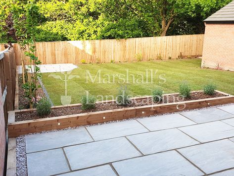 Rothwell, Leeds (Landscaping Project 53) Patio Lower Than Lawn, Lawn Design Ideas, Landscaping Makeover, Sleepers In Garden, Patio Edging, Garden Decoration Ideas, Railway Sleepers, Lawn Design, Garden Inspo