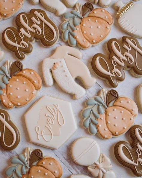 #decoratedcookies #babyshowercookies Pumpkin Shower Cookies, Lil Pumpkin Baby Shower Cookies, Fall Gender Reveal Cookies, Fall Baby Shower Cookies Boy, Fall Baby Shower Cookies Girl, A Little Pumpkin Is On The Way Cookies, Pumpkin Gender Reveal Cookies, Blue Pumpkin Baby Shower Ideas, Halloween Baby Shower Cookies