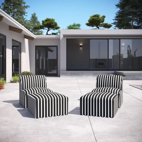 Eliana  Patio Chair with Sunbrella Cushions and Ottoman Black And White Pool Furniture, Ottoman Lounge, Red Pool, Armless Lounge Chair, Tarpon Springs, Modular Lounges, Chair And Ottoman Set, Outdoor Ottomans, Sunbrella Cushions