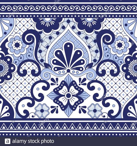 Descargar este vector: Talavera mexicana Poblana vector patrón sin fisuras de fondo repetitivo, inspirado en el diseño y en la cerámica tradicional de México en azul marino - 2AF6FHG de la biblioteca de Alamy de millones de fotografías, ilustraciones y vectores de alta resolución. Mexican Tile Art, Talavera Art, Italian Tiles Pattern, Talavera Pattern, Talavera Design, White Mexican, Mexican Pattern, Traditional Ornaments, Traditional Pottery