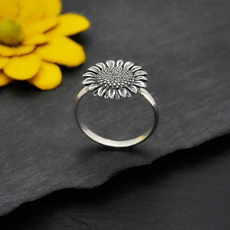 Sunflower Necklace Silver, Sunflower Ring, Nature Inspired Rings, Travel Charms, Sunflower Pendant, The Sunflower, Monogram Jewelry, Sunflower Design, Love Charms