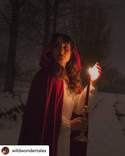 Little Red Riding Hood Photoshoot, Folklore Photography, Candle Reference, Candle Photoshoot, Winter Witch, Cottagecore Winter, Red Ridding Hood, Forest Photos, Winter Photoshoot