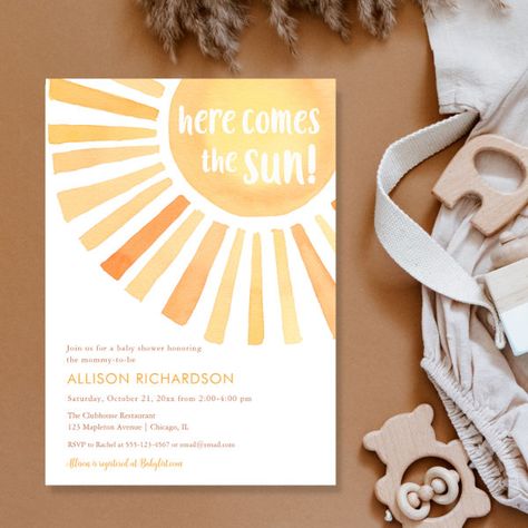 Gender neutral boho sunshine sun baby shower invitation Here Comes The Sun Baby Shower Theme, Sunshine Baby Shower Invitations, Sprinkle Ideas, Gender Neutral Invitations, Boho Sunshine, Baby Boy Invitations, Sunshine Baby Shower, Bohemian Baby Shower, Sunshine Baby Showers