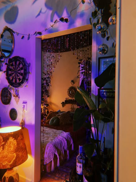 Cute Small Studio Apartment Ideas, Cute Home Ideas Living Room, Aesthetic Bedroom Maximalist, Baddie Studio Apartment, Witchcore Room Aesthetic, Simple Hallway Decor, Rave Room Aesthetic, Eclectic Apartment Decorating Ideas, Whimsigoth Room Decor Ideas