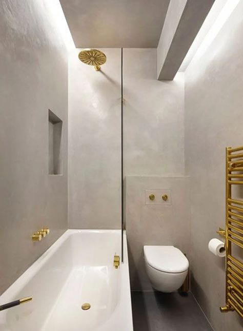 12 Examples of Gorgeous Bathrooms That Use Moroccan Tadelakt Plaster | The Savvy Heart | Interior Design, Décor, and DIY Transitional Bathroom Design, Boutique Bathroom, Moroccan Bathroom, Loft Bathroom, Narrow Bathroom, Finished Bathrooms, Transitional Bathroom, Gorgeous Bathroom, Bathroom Spa