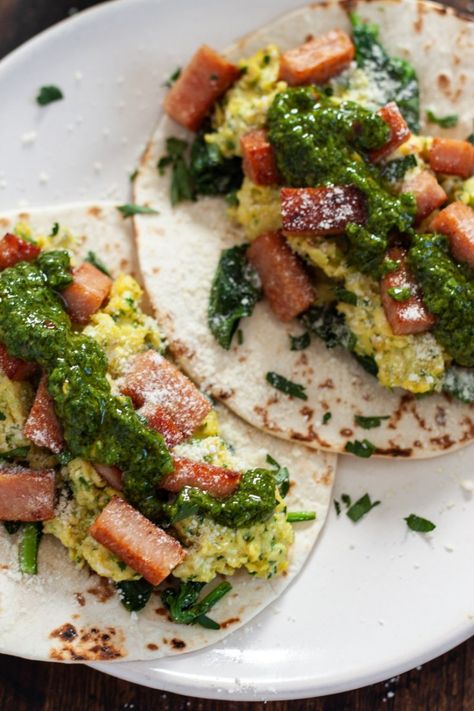 Spam Tacos, Spam Breakfast, Fried Spam, Egg Bakes, Spam Recipes, Chimichurri Recipe, Green Food, Sauteed Spinach, Buzzard