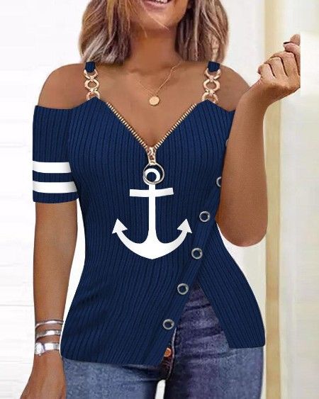 Concert Top, Anchor Pattern, Anchor Print, Look Short, Collar Tshirt, Going Out Tops, Tonga, Cold Shoulder Top, Mongolia