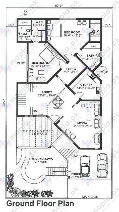 Online platform for Hiring best Architects and Building Contractors from all over Pakistan. Get a free quote from top rated service providers at Mapia today! Side Garage House Plans, Side Garage, Unique House Plans, House Plans Mansion, House Floor Design, Garage House Plans, Architectural Floor Plans, Home Design Floor Plans, Villa Plan