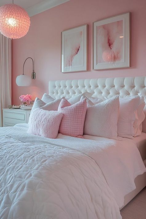 Pink Clean Room Aesthetic, Light Pink And White Room, Pink Theme Room, Minimalist Pink Bedroom, White And Pink Room, Baby Pink Bedroom Ideas, Cozy Feminine Bedroom, Pink And White Bedroom Ideas, Pink And White Room