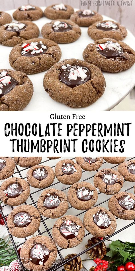 Gluten free chocolate peppermint thumbprint cookies with a chocolate ganache center that are topped with crushed candy canes on a marble board. Gluten Free Peppermint Sugar Cookies, Gluten Free Chocolate Peppermint Cookies, Almond Flour Christmas Cookies Recipes, Gluten Free Thumbprint Cookies Recipe, Holiday Cookies Gluten Free, Grain Free Christmas Cookies, Peppermint Thumbprint Cookies, Christmas Thumbprint Cookies, Gluten Free Christmas Baking