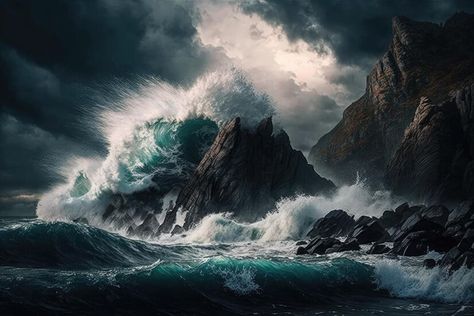 Premium AI Image | Massive waves crashing against the rocky shore creating a stormy and dramatic atmosphere Rocky Coast, Angry Ocean Storms, Huge Ocean Waves, Big Ocean Waves Stormy Sea, Waves Crashing On Rocks, Giant Waves, Huge Waves, Waves Crashing On Rocks Photography, Rocky Shore