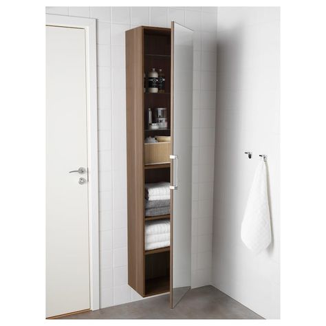 GODMORGON High cabinet with mirror door - walnut effect - IKEA Godmorgon High Cabinet, Cabinet With Mirror Door, Ikea Godmorgon, High Cabinet, Cabinet With Mirror, Ikea Bathroom, Best Ikea, Rustic Bathrooms, Rustic Bathroom