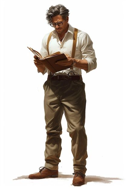 Photo detailed character design of a wri... | Premium Photo #Freepik #photo Fantasy Professor Art, Indiana Jones Character Design, Therapist Character Design, 1930 Character Design, Writer Character Design, Professor Character Design, Modern Character Art, Adventurer Character Design, Vintage Professor