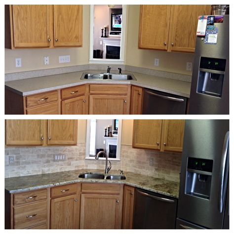 Kitchen update! Before and after! Moms Kitchen, Updated Kitchen, Kitchen Makeover, Kitchen Backsplash, Backsplash, Ivy, Kitchens, Kitchen Cabinets, Tile