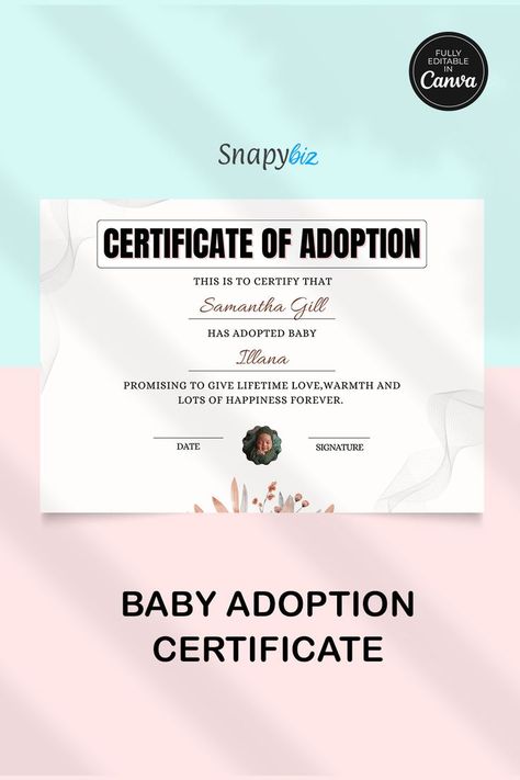 Certificate of adoption template to celebrate the special bond of adoption. Business Certificate, Certificate Of Adoption, Editable Certificates, Adoption Certificate, Gift Certificate Template, Family Bonding, New Family, Certificate Templates, Gift Certificates