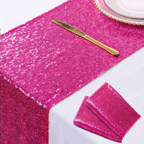 Pink Table Runners, Hot Pink Table, Wicked Party, Rustic Kitchen Table, Cover Overlay, Sequence Fabric, Linen Table Runners, Engagement Decoration, Green Table Runner