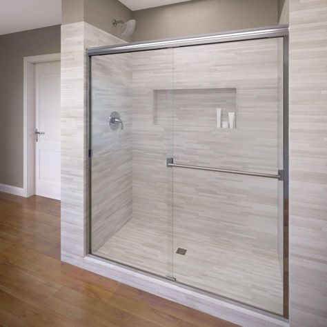 Basco Classic 47 in. x 70 in. Semi-Frameless Sliding Shower Door in Silver with Clear Glass Frameless Glass Shower Enclosure, Bypass Sliding Shower Doors, Chrome Shower Door, Bypass Shower Door, Semi Frameless Shower Doors, Framed Shower Door, Glass Shower Doors Frameless, Frameless Sliding Shower Doors, Glass Shower Door