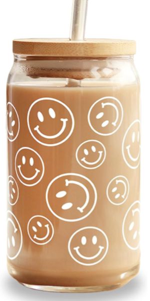 Smiley Face Glass with Lid and Straw and Vinyl Design, 16oz Can Shaped Beer Glasses, Iced Coffee Cup, Cute Travel Tumbler Brand: Generic Iced Coffee Cup, Boba Tea, Cup Wrap, Coffee Tumbler, Travel Tumbler, Cute Cups, Glass Straws, Vinyl Designs, Insulated Tumblers