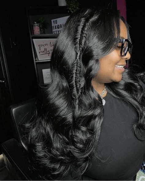 Middle Part Quick Weave With Fishtail, Fish Tail Braid Black Hairstyles, Fish Tail Braid On Wig, Middle Part Curly Hair, Hairstyles Inspiration, Weave Styles, Quick Weave Hairstyles, Hairstyle Inspo, Birthday Hair