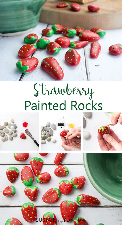 Sweet Strawberry Painted Rocks – Sustain My Craft Habit Rock Strawberries Painted Stones, Painting Rocks Strawberries, Painted Strawberry Rocks, Painted Rocks Strawberries, Paint Rocks For Garden, Strawberry Diy Decor, Strawberry Stones, Strawberry Activities, Strawberry Rocks