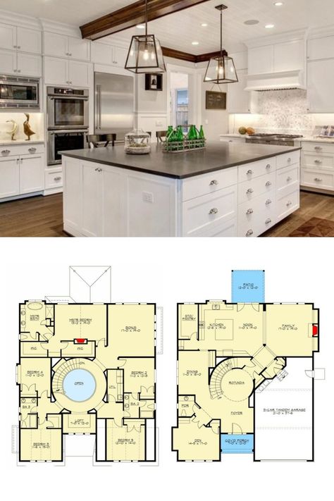 This 2 Story Modern Farmhouse House Plan with reading loft has 5 bedroom, 4.5 bathrooms, an elegant large white kitchen with a farmhouse flair. See what the luxury interior of this 5089 sq ft county style home looks like. View the full floor plan and blueprint home layout at: https://www.architecturaldesigns.com/house-plans/two-gabled-modern-farmhouse-plan-23689jd #ModernFarmhouse #FarmhouseInterior #FarmhouseHousePlan Two Story Floor Plans 5 Bedroom, House Layouts 2 Story Farmhouse, 5 Bdrm Farmhouse Plans, House Plans With 2 Kitchens, Two Kitchen House Plans, First Floor House Design Layout, Large Farmhouse Floor Plans, Two Story House Plans 5 Bedroom, 4500 Sq Ft House Plans 2 Story