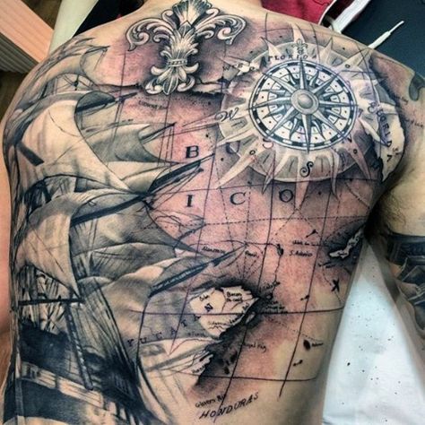 Pirate Ship Treasure Map Tattoo For Men Treasure Map Tattoo, Pirate Map Tattoo, Sextant Tattoo, Tattoo Pirate, Ship Tattoo Sleeves, Ship Tattoos, Pirate Ship Tattoos, Nautical Tattoo Sleeve, World Map Tattoos