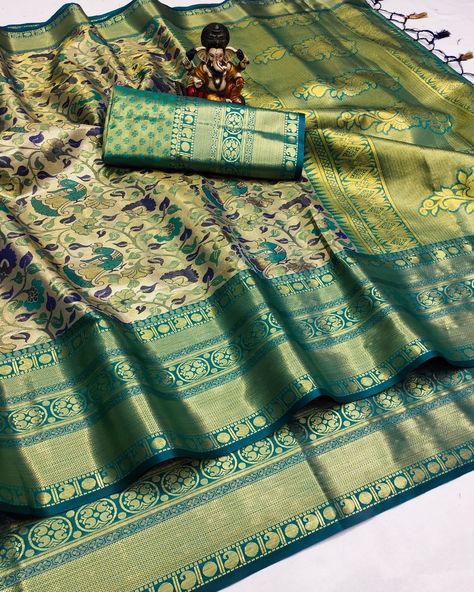 Drape yourself in these sensuous, regal Premium pure Kanjivaram silk sarees that are super soft, silky utter smooth and awesome feel🧶 Pairs with contrast weaving blouse with border( image shown) Suitable all ages❤️ baby smooth feel🌸 Best and must buy😍 Easy to wear and comfortable🥰 You will feel the elegance when you see and wear it ❤️ Offer Price - 2320❤️ Ready stock multiples available, BOOK YOURS A assured and premium collection. NO EXCHANGE / RETURN. 360° Parcel opening video is mu... Rama Green Saree, Kanjivaram Saree, Patola Saree, Opening Video, Kanjivaram Silk Saree, Green Saree, Kanjivaram Sarees, Printed Saree, Printed Sarees