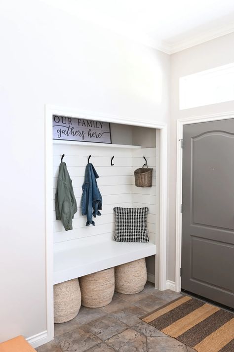 A DIY mudroom closet. A reader needed help creating an organized entryway to conceal her shoes and coats. Here is my design plan to makeover this space. #mudroom #entryway Organized Entryway, Family Room Paint Colors, Mudroom Closet, Front Closet, Family Room Paint, Entry Closet, Diy Farmhouse Style, Entryway Closet, Diy Mudroom