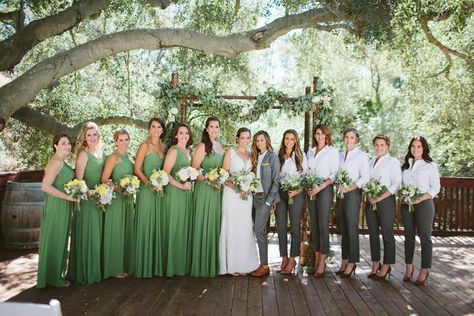 Masculine Bridesmaid Outfits, Tomboy Bridesmaid, Lesbian Wedding Bridesmaids Dresses, Queer Wedding Party, Female Groomsman Attire, Green Wedding Party Attire, Backyard Wedding Bridesmaid Dresses, Boho Wedding Bridesmaid Dresses, Destination Wedding Bridesmaid Dresses