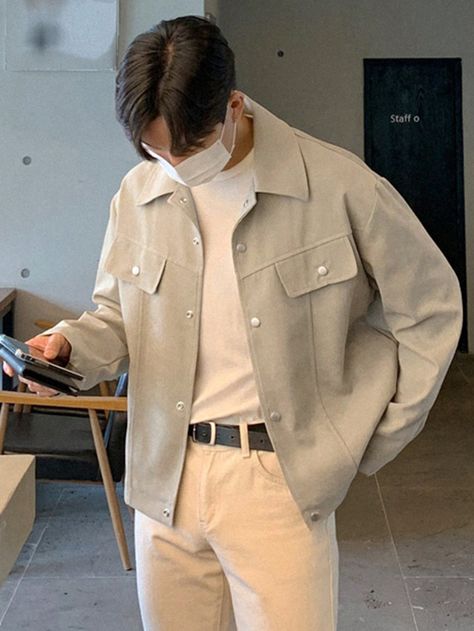 Apricot Casual Collar Long Sleeve Woven Fabric Plain Other Embellished Non-Stretch  Men Clothing Casual Clothes Men Aesthetic, Mens Academia Outfits, Shein Men Outfit, Japanese Minimalist Fashion Men, Korean Men Suit, Boys Aesthetic Outfits, Japanese Minimalist Fashion, Minimalist Fashion Men, Classy Outfits Men