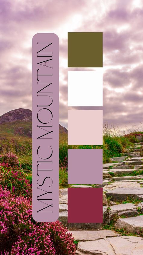 Mystic Mountain Color Palette by Felicity & Lilac Events Esoteric Color Palette, Color Palette Mystical, Fairy Colors Palette, Fairy Garden Color Palette, Fairytale Palette, Mountain Color Palette, Mystic Mountain, Art Color, Color Themes