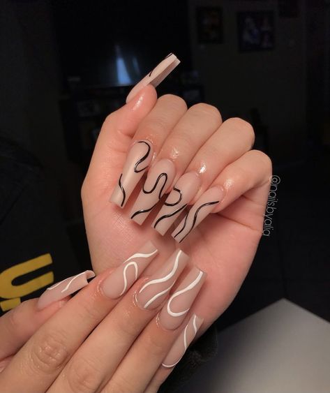 Lines Acrylic Nails, Long Coffin Nail Ideas, Nude Baddie Nails, Black And White Waves, Acrylic Nails Almond, Almond Press On Nails, Brown Acrylic Nails, Custom Nails, Professional Manicure