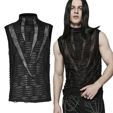 Punk Rave Tank Top with Rips | BOUDOIR NOIR Gothic Male, Spider Web Embroidery, Web Embroidery, Turtle Neck Shirt, Online Form, Punk Rave, Dress Inspiration, Male Fashion, Spider Web