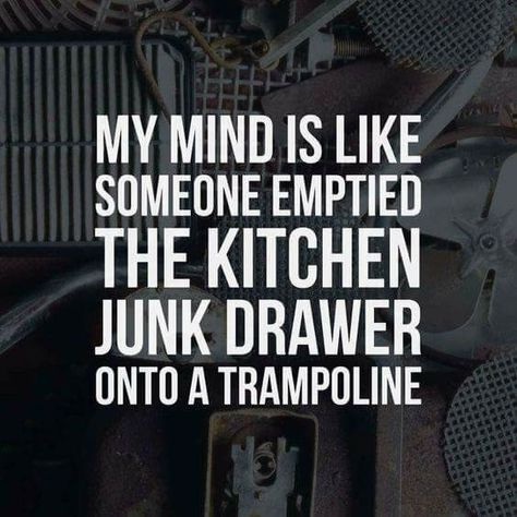 My mind is like someone emptied the kitchen junk drawer onto s trampoline Junk Drawer, Intj, E Card, Infp, Sarcastic Quotes, Funny Signs, Bones Funny, The Words, My Mind