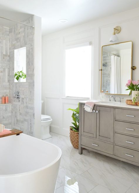 Our Bathroom: Before & Afters Plus A Budget Breakdown! | Young House Love Floor Plant In Bathroom, Galley Master Bath, Adult Bathroom Ideas, Bathroom Remodel Layout, Small Master Bath, Young House, Makeover Bedroom, Young House Love, Master Bath Remodel