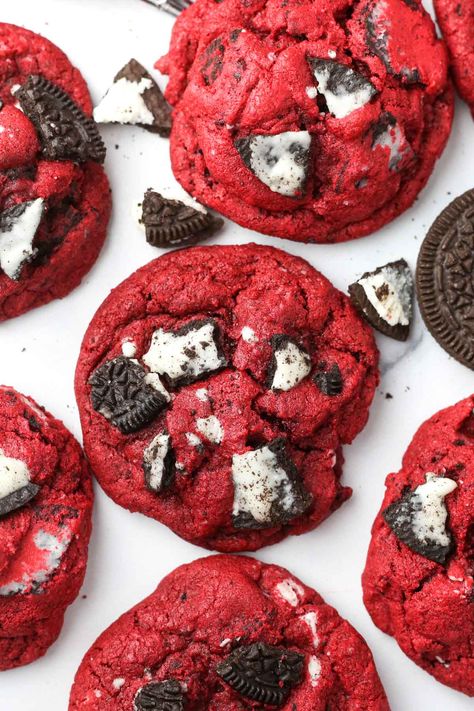 These crushed Oreo red velvet cookies have soft, chewy centers and chunks of Oreos in every bite. Their rich chocolate red velvet flavor pairs perfectly with the sweet and creamy Oreo filling. Best of all, this recipe is easy to make in one bowl and the cookies are ready to eat in 20 minutes. Red velvet cookies make the perfect dessert for Valentine's Day with their festive deep red color. You can easily make this recipe gluten-free and dairy-free with some simple swaps. Delicious! Red Velvet Oreo Cookies Recipe, Red Velvet Cookies Halloween, Red Velvet Oreo Cookies, Copycat Cookies, Red Velvet Truffles, Velvet Desserts, Red Velvet Cookie Recipe, Deep Fried Oreos, Red Velvet Desserts