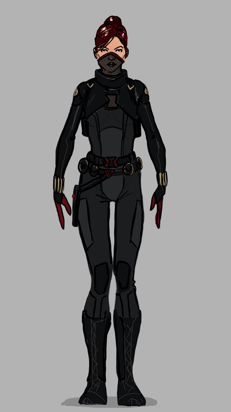 Black Widow (Comics) - Here I wanted to keep her general look, but with different break ups and pieces. Her mask is kinda a nod to her first look. The negative space between her leather armor and her sleeveless shirt makes the black widow symbol.  Also she needs her hair up for when she does missions. Black Supersuits Female, Black Widow Gadgets, Black Widow Assassin, Black Widow Oc Suit, Black Superhero Suit Female With Mask, Superhero Mask Design Female, Black Widow Redesign, Sleeveless Shirt Drawing, Female Superhero Outfits