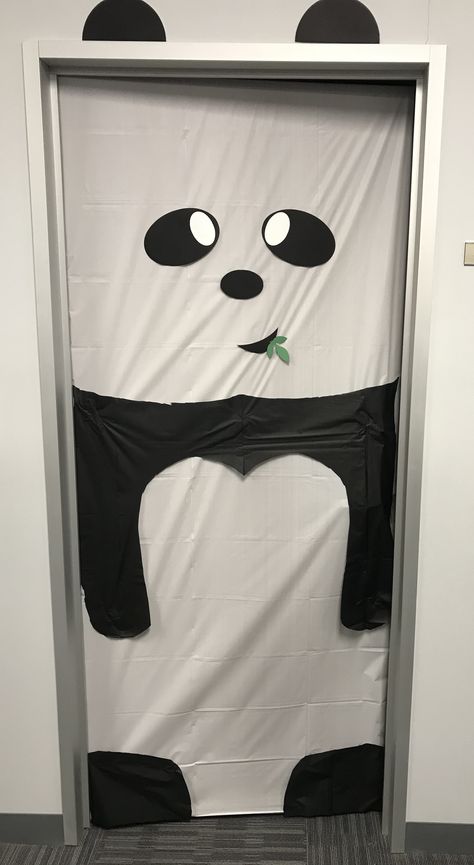 I used plastic tablecloths to cover the door and to make the arms. Panda Door Decorations Classroom, Panda Classroom, Door Decoration For Preschool, Christmas At The Zoo, Pet Decor, Classroom Idea, Vbs 2023, Door Coverings, Preschool Bulletin