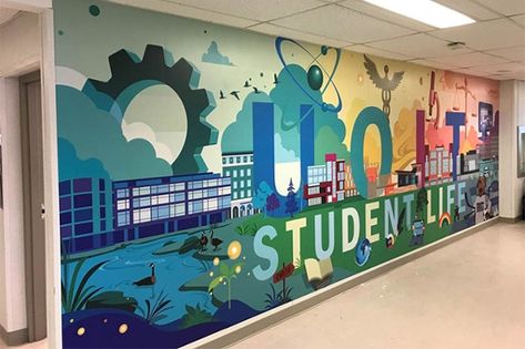 Student Life has proudly unveiled a new mural, a huge nine-by-three-metre, colourful creation designed to represent the diversity of the university’s programs and students. School Wall Art Ideas, Seni Mural, Doodle Wall, Office Mural, Mural Art Design, College Walls, Mural Paintings, School Wall Art, School Murals