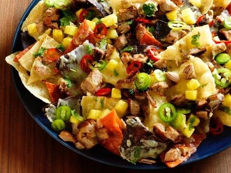 Pork Nachos Recipe, Loaded Baked Potato Casserole, Jerk Pork, Pork Nachos, Baked Potato Casserole, Loaded Baked Potatoes, Spicy Pork, Nachos Recipe, Food Network Magazine