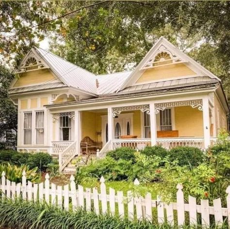 Old Places, Folk Victorian, Fairytale House, Yellow Cottage, Victorian Farmhouse, Cottage Exterior, Yellow House, White Picket Fence, Dream Cottage