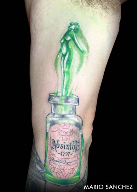 Color absinthe bottle tattoo with lady Absinthe Fairy Tattoo, Aqua Tofana Bottle, Absinthe Tattoo, Tofana Tattoo, Aqua Tofana Tattoo, Genie Tattoo, Absinthe Bottle, Aqua Tofana, Green Fairy Absinthe