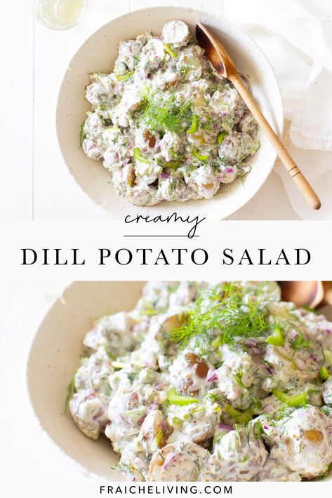 This creamy dill potato salad will take you less than 10 minutes of prep time and can be made a day ahead. In fact, I think it tastes better if you do make it ahead (stored in the fridge covered of course). #creamypotatosalad #dillpotatosalad #saladrecipe #healthysaladrecipe Smoked Salmon Potato, Creamy Dill Dressing, Dill Potato Salad, Dill Potato, Dill Potatoes, Red Potato Salad, Camping Lifestyle, Dill Dressing, Salmon Potato