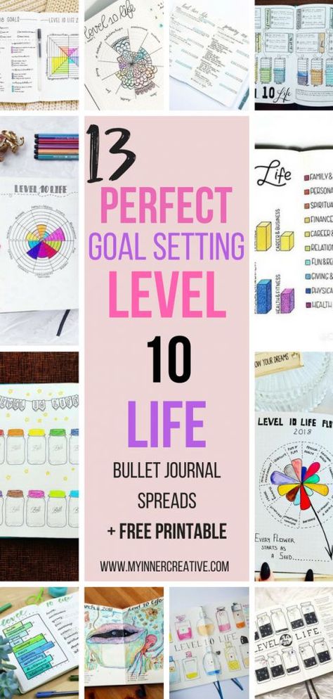 Creating the perfect Level 10 Life Spread - Free Printable and examples! | My Inner Creative #bulletjournal #bujo #bulletjournaling #bujojunkies #bulletjournaljunkies #bulletjournalcommunity #leuchtturm1917 #studygram #showmeyourplanner #bujolove #planner Level 10 Life Bullet Journal, Monthly Intentions, Level 10 Life, Create Goals, How To Bullet Journal, Bullet Journal Page, Paper Quote, Free Planner Stickers, Bullet Planner