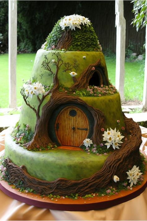 Hobbit Cake, Hobbit Wedding, Lotr Wedding, Hobbit Party, Ring Cake, Fantasy Cake, House Cake, Creative Cake Decorating, Hobbit Hole