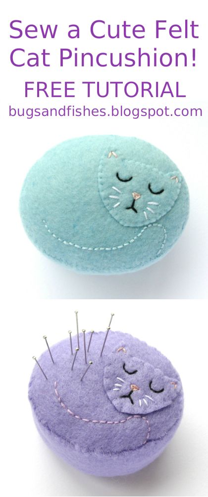 Today I'm sharing a tutorial for all you cat fans: how to make a sweet felt pincushion in the shape of a sleeping kitty! This project o... Diy Pin Cushion, Pincushion Tutorial, Felt Pincushions, Pin Cushions Patterns, Sewing Machine Cover, Felt Craft, Felt Cat, Felt Patterns, Pin Cushion