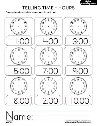 For this printable telling time worksheet, kids read the time and then draw the hour and minute hands that match the time. This worksheet gives hands-on practice telling time to the hour. Printing options: color lines and black lines. Recommended Workbook Introduction to Telling Time In Ordinal Numbers Kindergarten, Clock Worksheets, Word Family List, Telling Time To The Hour, Telling Time Practice, Learn To Tell Time, Telling Time Worksheets, Time To The Hour, Free Kindergarten Worksheets