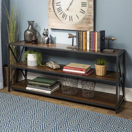 Manor Park 60" Urban Industrial Rustic Farmhouse Industrial X-Frame Metal and Wood Bookcase - Dark Walnut Industrial Bookcase, Tall Bookshelf, Bookshelf Home, Shelf Industrial, Beautiful Bookshelf, Tall Bookshelves, Walker Edison Furniture, Industrial Bookcases, Metal Bookcase