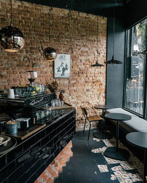 Dark Moody Coffee Shop, Cool Coffee Shop Interiors, Bar Interior Design Rustic, Industrial Cafe Design, Industrial Cafe Interior Design, Gothic Cafe, Moody Coffee Shop, Industrial Coffee Shop, Cafe Bar Interior