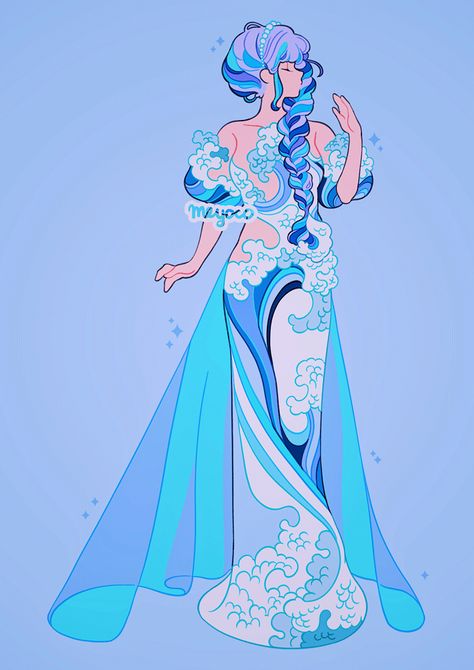 Meyoco Art, Wave Dress, Water Fairy, Water Drawing, Kawaii Art, Cute Characters, Pretty Art, Art Sketchbook, Character Concept